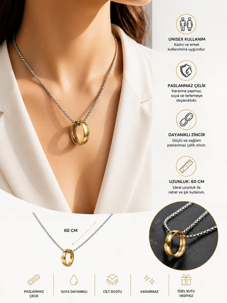 Lord Of The Rings Sırlar Yüzüğü Gold Kolye – Güç Yüzüğü Temalı Paslanmaz Çelik Zincirli Unisex Kolye ürün görseli 1