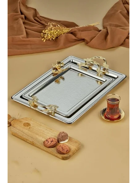 Cooker Dikdörtgen Gold Kulplu Silver Metal Tepsi Seti 2'li ürün görseli 1