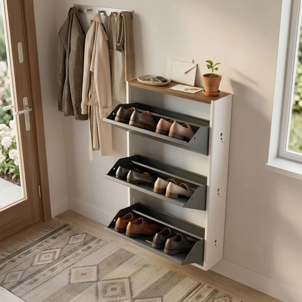 Cabsette Ahşap Tablalı Oval Kenarlı 3'lü Metal Ayakkabılık - Resim 3