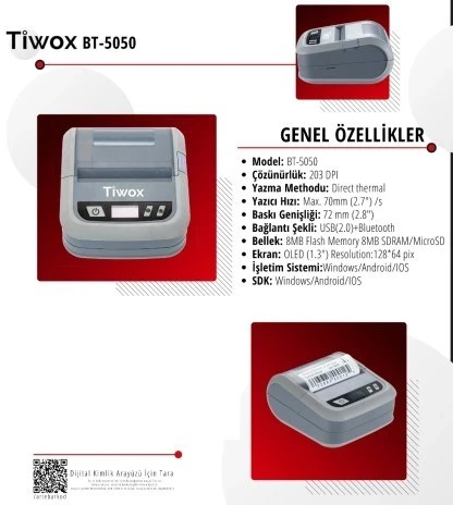 Tiwox BT-5050 Direkt Termal USB+BT 80mm Mobil Barkod Yazıcı ürün görseli 1