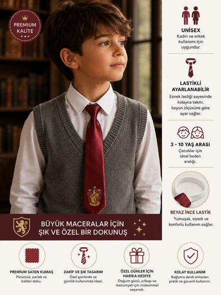 Harry Potter Gryffindor Kravat Bordo Renk Ayarlanabilir Lastikli 3-10 Yaş Unisex Çocuk Kravatı ürün görseli 1
