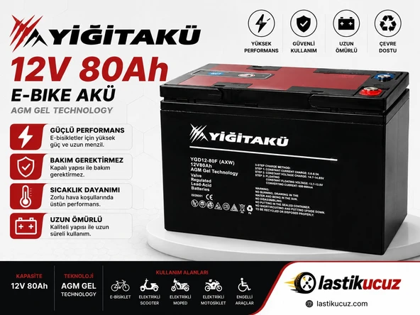 YİĞİT AKÜ 12 Volt  80 Amper (80Ah) Elekrikli Bisiklet Aküsü 2026 ÜRETİM Jel Akü  EBATLAR: 224X120X181mm ürün görseli 1