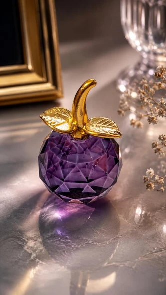 Mor Kristal Elma Biblo Mini Boy 7.5 Cm Dekoratif Cam Obje Gold Yapraklı Lüks Masa Üstü Süs ürün görseli 1