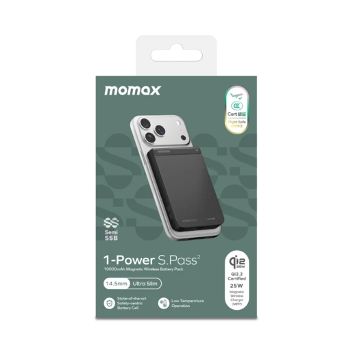 Momax İp163q22d Power S.pass2 10000 mah qi2.2 Yari Ssb Magsafe Powerbank Siyah ürün görseli 1