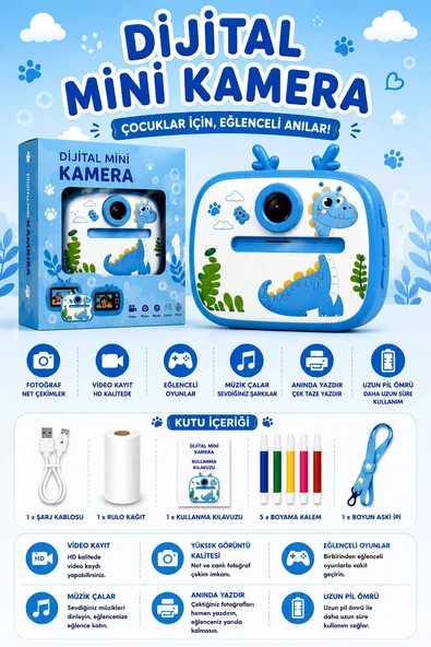 Dinozor Tasarımlı Anında Baskılı Çocuk Fotoğraf Makinesi 1080P Dijital Çocuk Kamerası ürün görseli 1