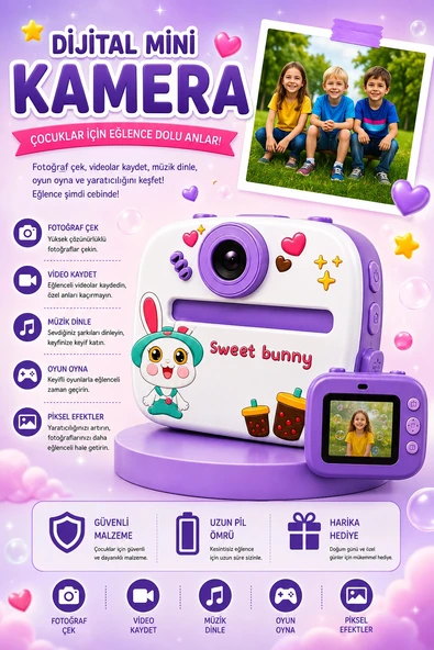 Rabbit Tasarımlı Anında Baskılı Çocuk Fotoğraf Makinesi 1080P Dijital Çocuk Kamerası ürün görseli 1