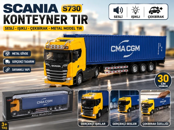 SCANIA S730 Konteyner Tır 30 CM Sesli Işıklı Çekbırak Metal Model Tır Gerçekçi Detaylı Oyuncak Tır ürün görseli 1