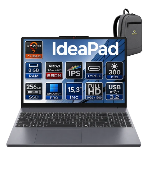 LENOVO IDEAPAD SLİM 3  RYZEN7 7735HS 8 GB 256 GB SSD 15.3" WUXGA WİN11PRO DİZÜSTÜ BİLGİSAYAR 83K70098TROKA01 ürün görseli 1