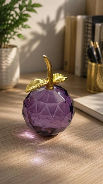 Mor Kristal Cam Elma Biblo 10.5 Cm Dekoratif Masa Üstü Obje Gold Yapraklı Lüks Ofis Salon Aksesuarı ürün görseli 1