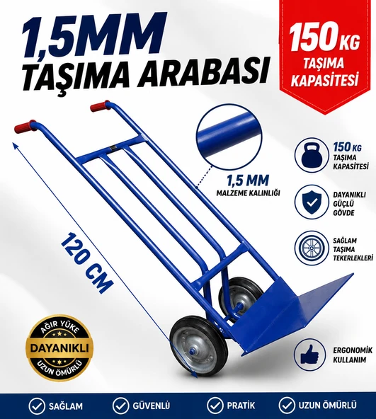 1,5 mm Kalın Profilli Koli Taşıma Arabası 120 cm Boy 150 Kg Kapasiteli Ağır Hizmet El Arabası ürün görseli 1