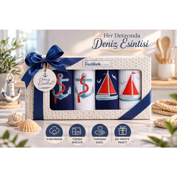 Özdilek Deniz Temalı 4’lü Nakışlı Mutfak & El Havlusu Seti 40X60 cm %100 Pamuk  Ultra Yumuşak, Yüksek Emicilik, Şık Hediye Kutulu ürün görseli 1