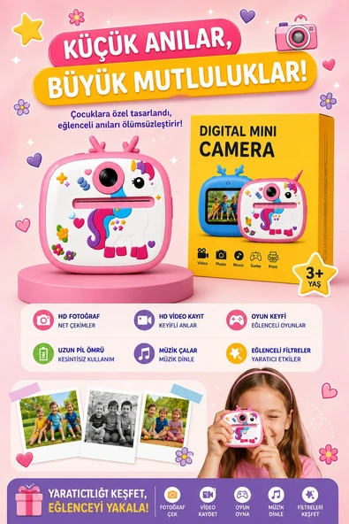 Unicorm Tasarımlı Anında Baskılı Çocuk Fotoğraf Makinesi 1080P Dijital Çocuk Kamerası ürün görseli 1