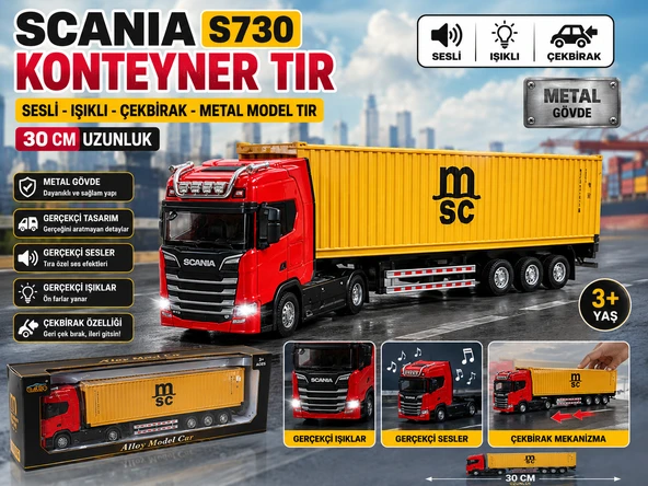 SCANIA S730 MSC Konteyner Tır 30 CM Sesli Işıklı Çekbırak Metal Model Tır  Gerçekçi ürün görseli 1