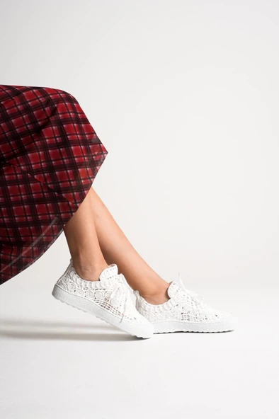 Lidya El Örgüsü Nefes Alan Poli Taban Beyaz Kadın Sneaker ürün görseli 1