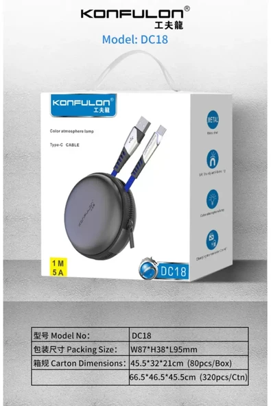Konfulon DC18 Type-C Kablo 1M 5A - Kırmızı - Resim 2