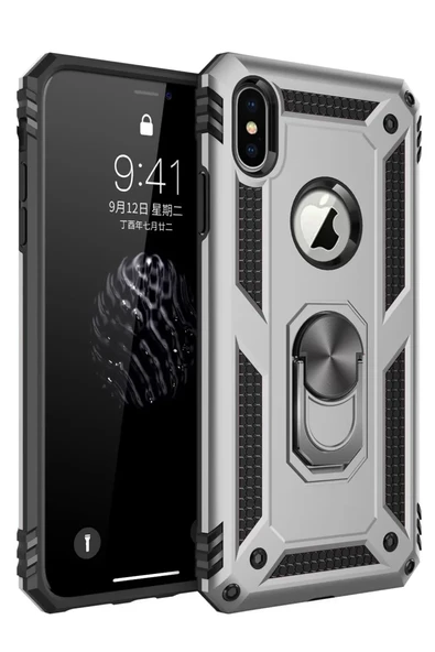 Newface Apple iPhone X Kılıf Sofya Yüzüklü Silikon Kapak - Gümüş ürün görseli 1