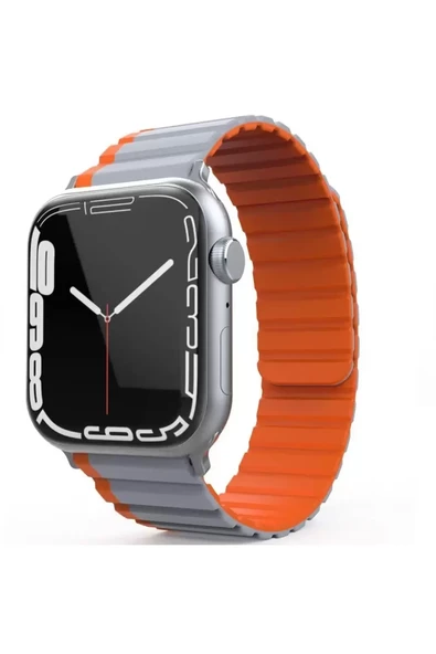 Movenchy Apple Watch 42mm MO-WB1 Çift Renk Mıknatıslı Silikon Kordon - Gri-Turuncu ürün görseli 1
