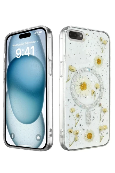 Newface Apple iPhone 7 Kılıf Daisy Simli Magsafe Kapak - Gümüş ürün görseli 1