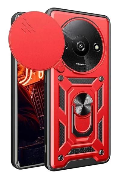 Newface Xiaomi Redmi A3 4G Kılıf Pars Lens Yüzüklü Silikon - Kırmızı ürün görseli 1