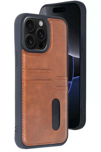 Newface Apple iPhone 15 Pro Max Kılıf Sara Kartvizitli Deri Kılıf - Taba ürün görseli 1
