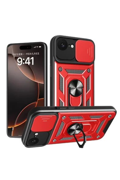 Newface Apple iPhone 16E Kılıf Pars Lens Yüzüklü Silikon - Kırmızı ürün görseli 1