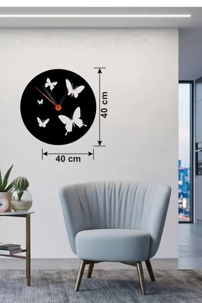 Uçuşan Kelebekler Tasarım Ahşap Duvar Saati - 40x40 cm Dekoratif ürün görseli 1