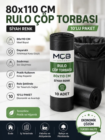 Jumbo Boy Rulo Çöp Torbası 80x110 cm Siyah 10'lu Paket Dayanıklı Çöp Poşeti ürün görseli 1