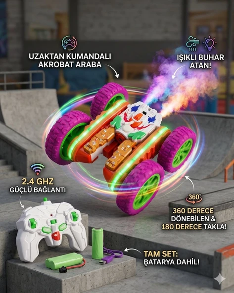 Uzaktan Kumandalı Karışık Renk Full Fonksiyon | 2.4 Ghz Şarjlı | Işıklı Buhar Atan | 360 Derece Dönebilen Akrobat Araba ürün görseli 1