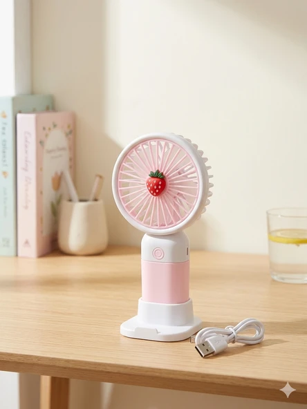 Çilek Tasarımlı Taşınabilir Mini Fan   Şarj Edilebilir, Masaüstü Standlı El Fanı ürün görseli 1