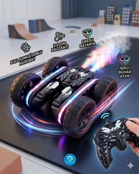 Uzaktan Kumandalı Siyah Renk Full Fonksiyon | 2.4 Ghz Şarjlı | Işıklı Buhar Atan | 360 Derece Dönebilen Akrobat Araba ürün görseli 1