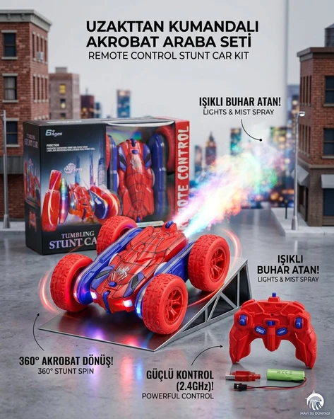 Uzaktan Kumandalı Spiderman Renk Full Fonksiyon | 2.4 Ghz Şarjlı | Işıklı Buhar Atan | 360 Derece Dönebilen Akrobat Araba ürün görseli 1