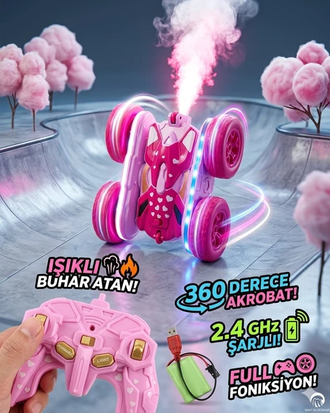 Uzaktan Kumandalı Pembe Renk Full Fonksiyon | 2.4 Ghz Şarjlı | Işıklı Buhar Atan | 360 Derece Dönebilen Akrobat Araba ürün görseli 1