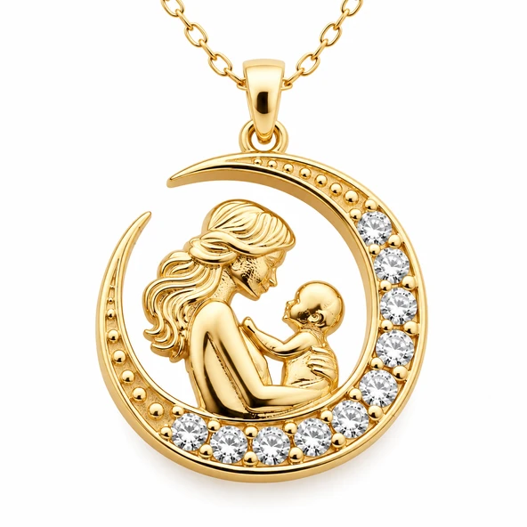 Gümüş Hilal İçinde Anne Bebek Figürlü Gold Kolye ürün görseli 1
