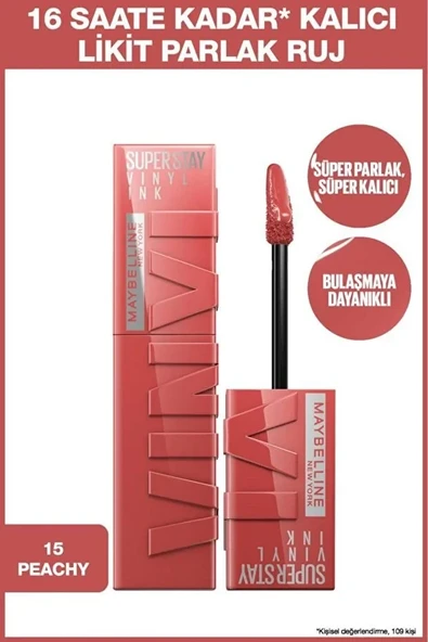 Maybelline New York Super Stay Vinyl Ink Uzun Süre Kalıcı Likit Parlak Ruj 15 Peachy ürün görseli 1