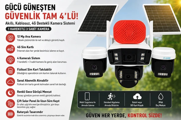 O-KAM OK-335 12MP 4 Lens AOV Solar 4 Kameralı Smart +4G SİM Kartlı Güvenlik Kamerası Güneş Enerjili 360? HD 4MP 3 Sabit ürün görseli 1