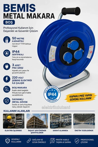 BEMİS Boş Metal Makara 3 Monofaze Prizli 50m 3x2.5mm Kablo Kapasiteli ürün görseli 1