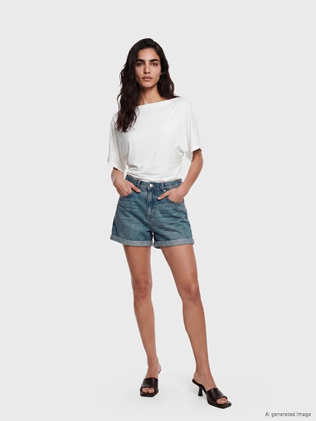 LCW Jeans İndigo Yüksek Bel Kadın Jean Şort ürün görseli 1