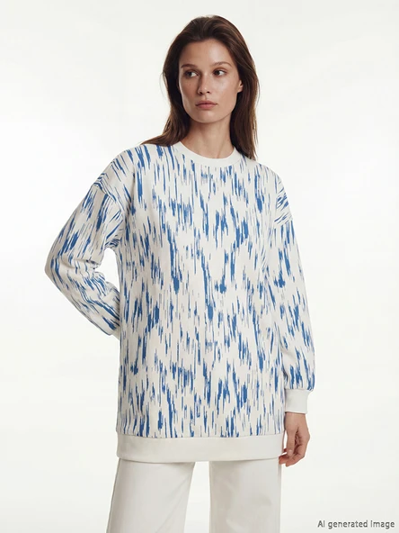 LCW Modest Mavi Bisiklet Yaka Desenli Kadın Sweatshirt Tunik ürün görseli 1