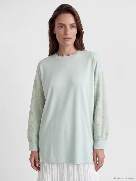 LCW EVERYDAY Yeşil Soft Touch Oversize Kadın Sweatshirt Tunik ürün görseli 1