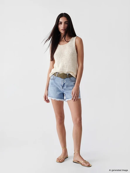 LCW Jeans İndigo Yüksek Bel Püsküllü Kadın Jean Şort ürün görseli 1