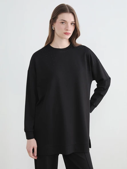 LCW Modest Siyah Bisiklet Yaka Kadın Sweatshirt Tunik ürün görseli 1