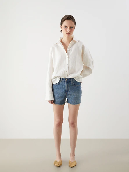 LCW Jeans İndigo Mom Fit Desenli Kadın Jean Şort ürün görseli 1