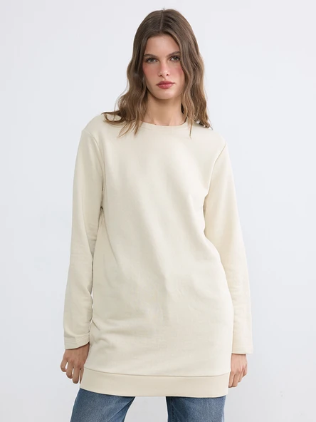 LC WAIKIKI Bej Bisiklet Yaka Kadın Sweatshirt Tunik ürün görseli 1