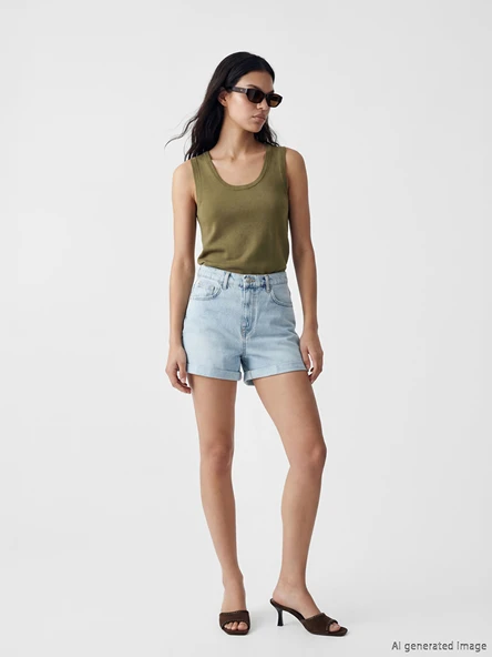 LCW Jeans İndigo Yüksek Bel Kadın Jean Şort ürün görseli 1