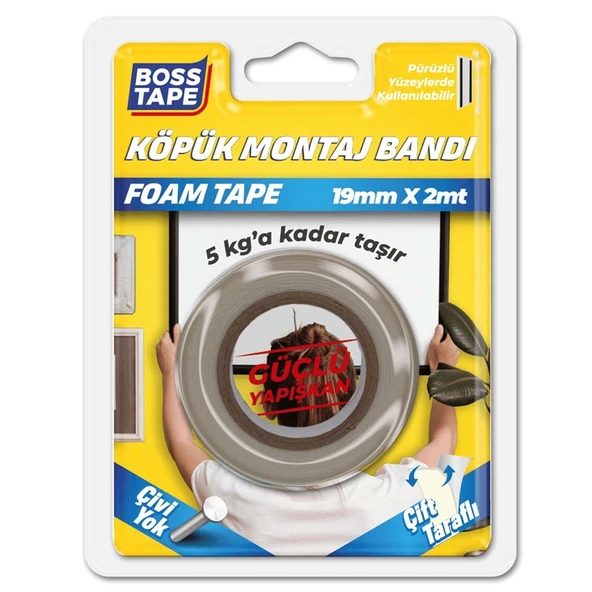 Boss Tape Çift Taraflı Köpük Asma Bandı 19 Mm X 2 Metre Beyaz 5Kg Bt-01012 ürün görseli 1