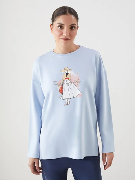LCWAIKIKI Classic Mavi Baskılı Oversize Kadın Sweatshirt Tunik ürün görseli 1