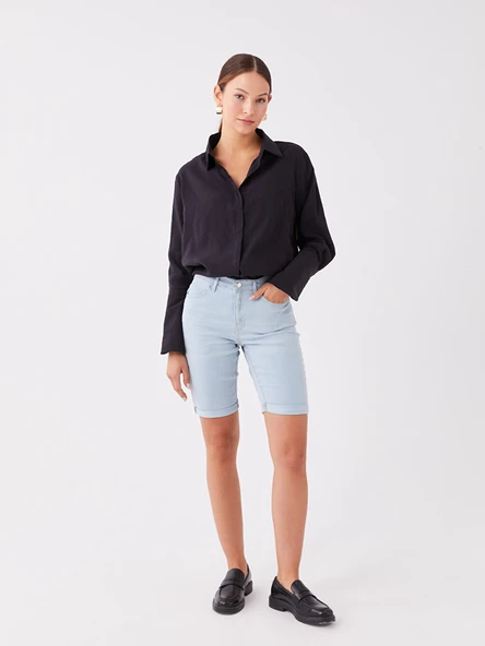 LCW Jeans İndigo Normal Bel Bermuda Fit Kadın Jean Şort ürün görseli 1