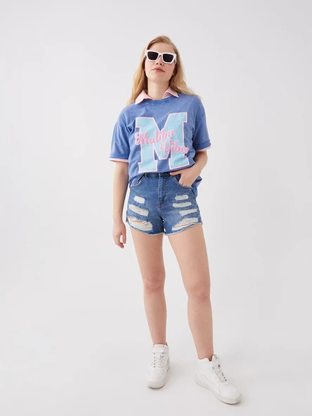 LCW Jeans İndigo Standart Fit Yırtık Detaylı Kadın Jean Şort ürün görseli 1