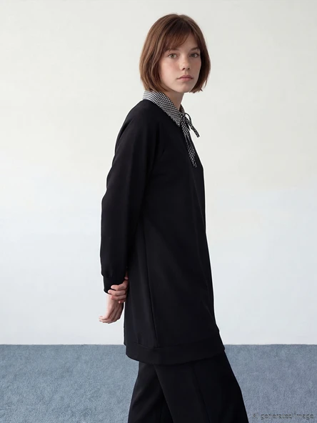LCW Modest Siyah Gömlek Yaka Ekose Kadın Sweatshirt Tunik ürün görseli 1
