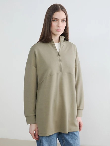 LCW Modest Haki Dik Yaka Soft Touch Kadın Sweatshirt Tunik ürün görseli 1
